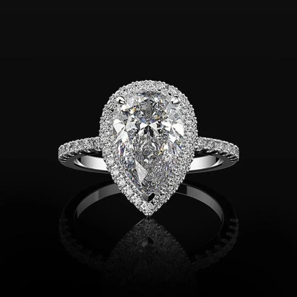 Elegant Water Drop Bright Zircon Thin Pear Wedding Ring for Women, PD510